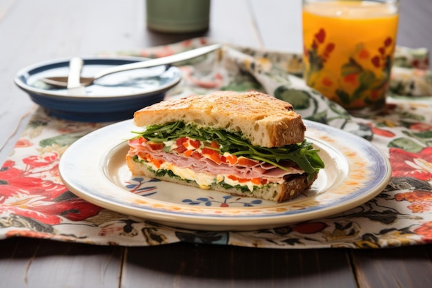 Sandwich on a stoneware plate with a patterned napkin