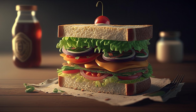 Sandwich on table tasty food illustration Generative ai