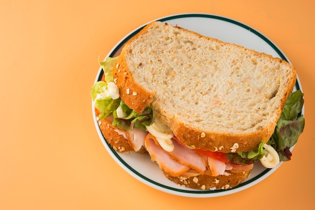 Sandwich of tomato, lettuce and smoked turkey