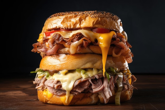 Sandwich tower stacked high with layers of meat and cheese