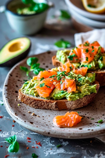 sandwich with avocado and red fish Selective focus