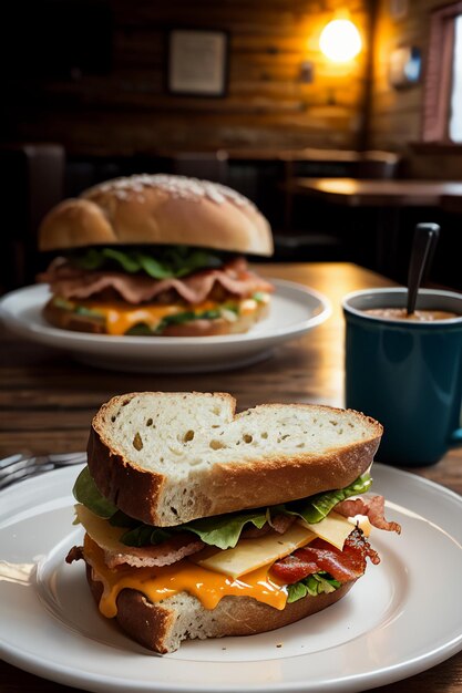 A sandwich with bacon and cheese sits on a table with a cup of coffee behind it.