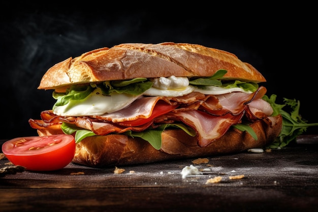 Sandwich with bacon mozzarella cheese tomatoes and arugula