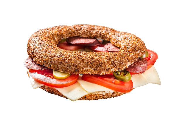 Sandwich with bagel simit lettuce tomato cheese and sausages sucuk Isolated on white background