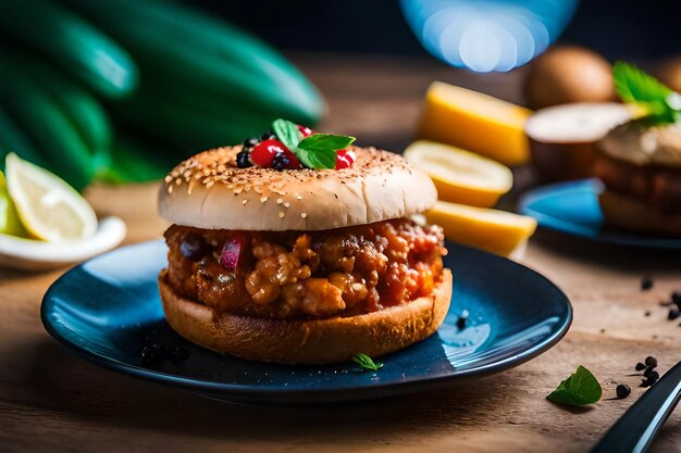 Photo a sandwich with beans and a bun on a plate