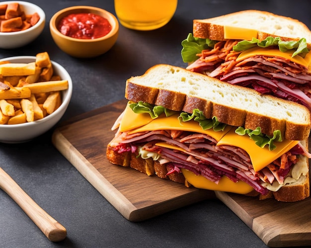 sandwich with beef cheese and vegetables on wooden background