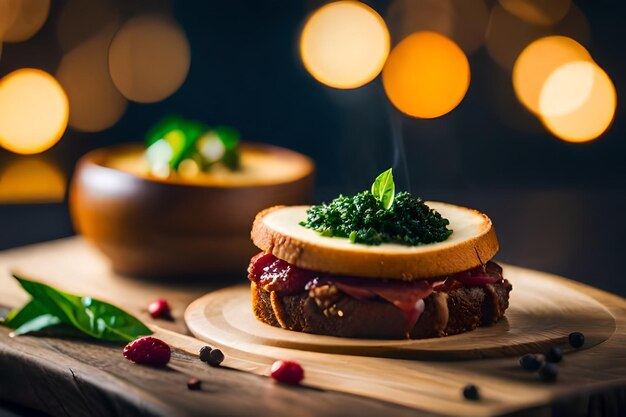 Photo a sandwich with broccoli on it and a green leaf on the top