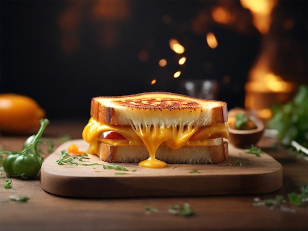 a sandwich with cheese and cheese on a cutting board