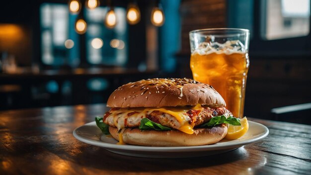 a sandwich with cheese and a glass of beer next to it