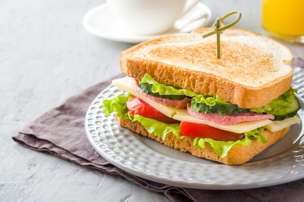 Sandwich with cheese, ham and fresh vegetables on a plate. 