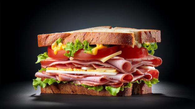 Sandwich with Cheese Ham Sauce and Salad on dark background Generated AI