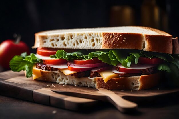 A sandwich with cheese and tomatoes on a cutting board