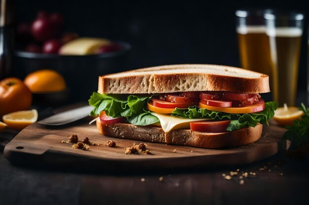 A sandwich with cheese and tomatoes on a cutting board