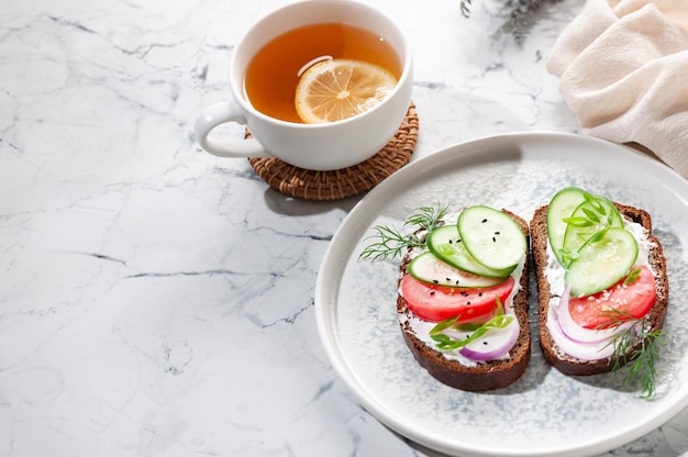 Sandwich with cheese and vegetables Healthy food Rye bread