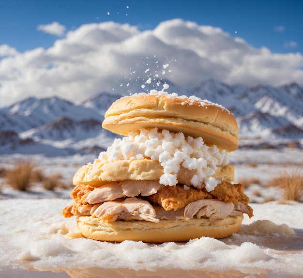 Sandwich with chicken and cheese on the background of mountains Toned