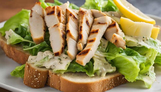 a sandwich with chicken lettuce and cheese on a plate