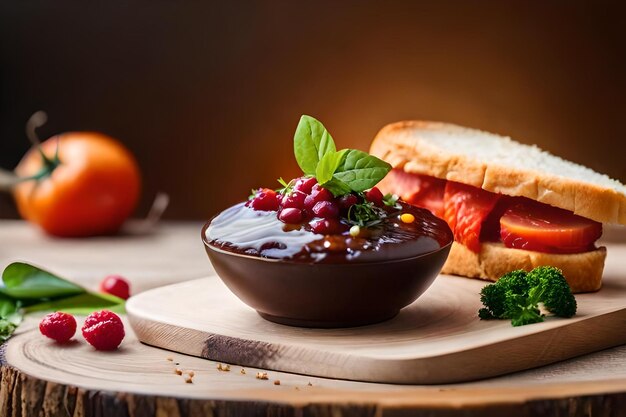 A sandwich with chocolate sauce and a bowl of cherries on a wooden table