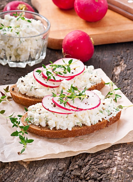 Sandwich with cottage cheese, radish, black pepper and thyme