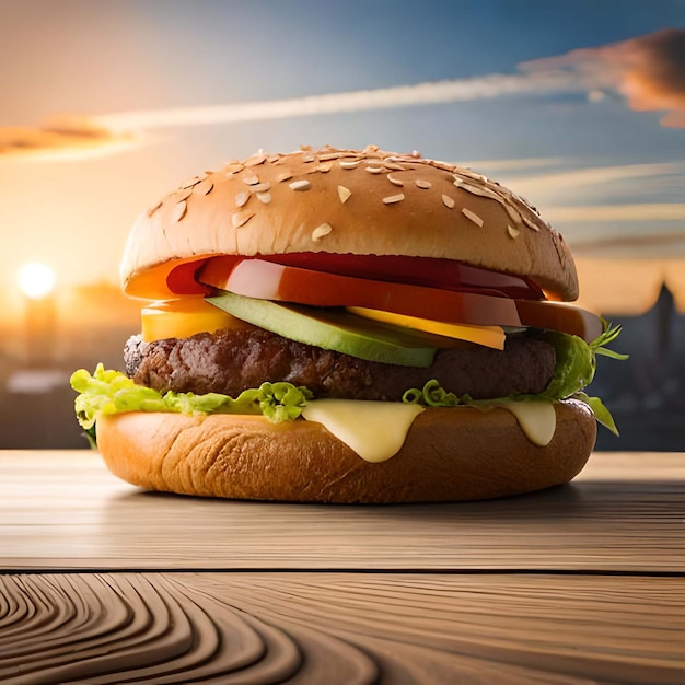 Sandwich with cutlet cheese tomato onion and lettuce on a wooden board