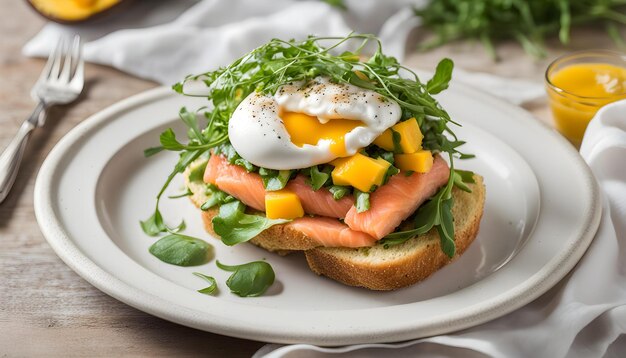 a sandwich with an egg on it and a side of lettuce