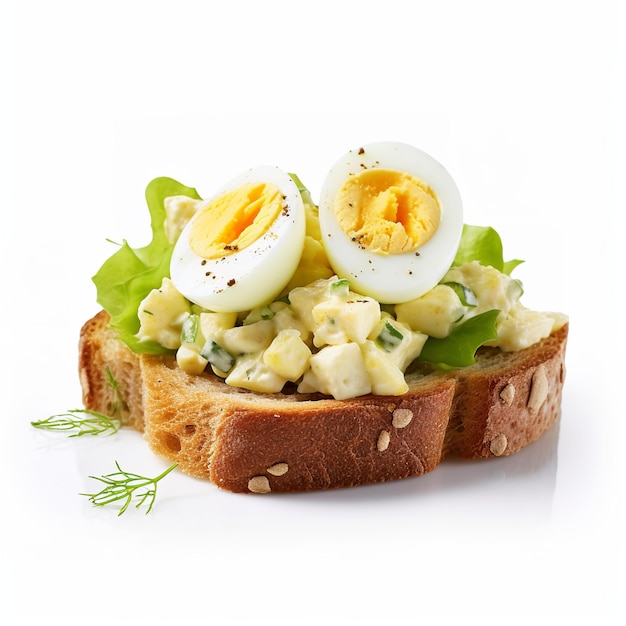 A sandwich with egg on it and a sprinkle of green lettuce on top.
