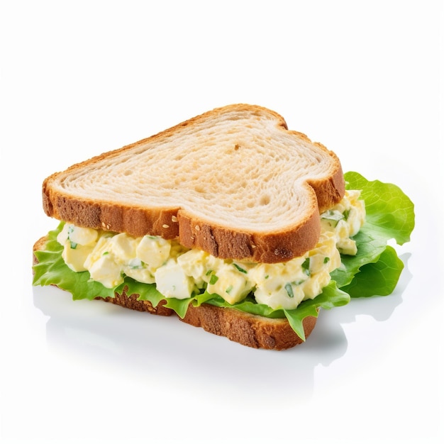 A sandwich with egg salad on it with a white background