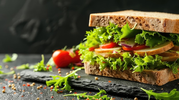 A sandwich with fresh vegetables on dark slate