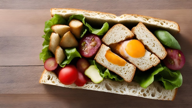 A sandwich with a fried egg on it and a salad on top.