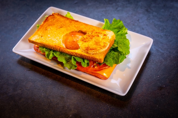 Sandwich with fried egg and sweet ham on a black background, on a white plate