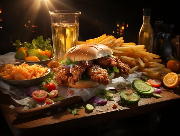 A sandwich with fries chicken wings and salad