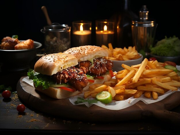 A sandwich with fries chicken wings and salad