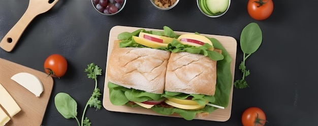 A sandwich with fruit on it and a salad on a cutting board.