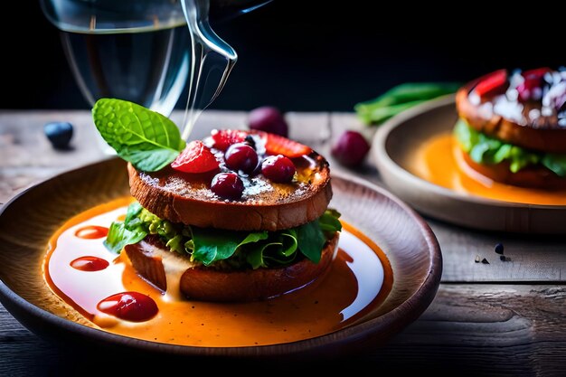 A sandwich with fruit on it sits on a plate