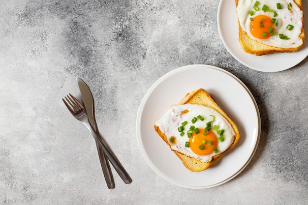 Sandwich with ham, cheese and egg. A traditional French croque-madame sandwich served on a white plate. Popular French cafe meal. Gray background. Top view. Space for text