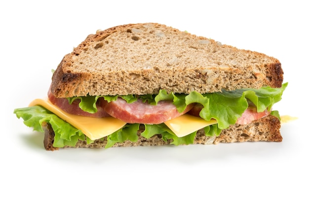 sandwich with ham cheese and fresh cucumber isolated on white background