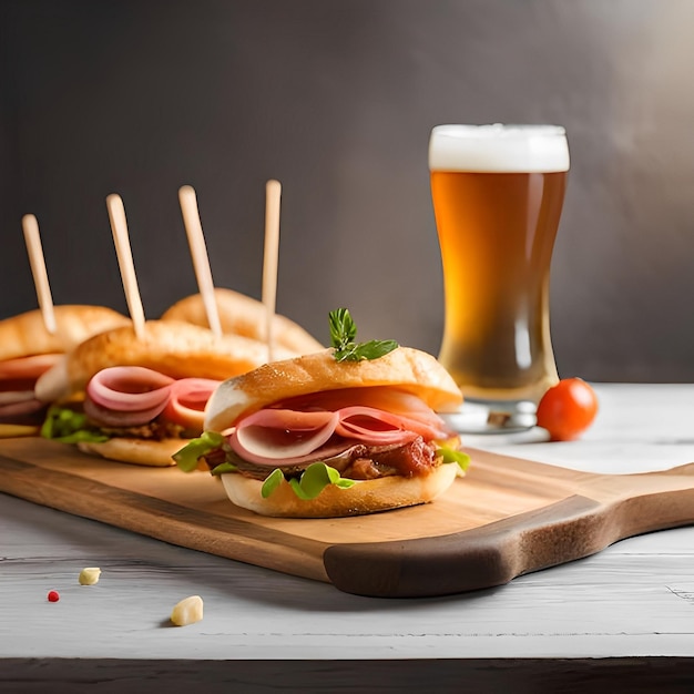 A sandwich with ham and cheese on it next to a glass of beer.