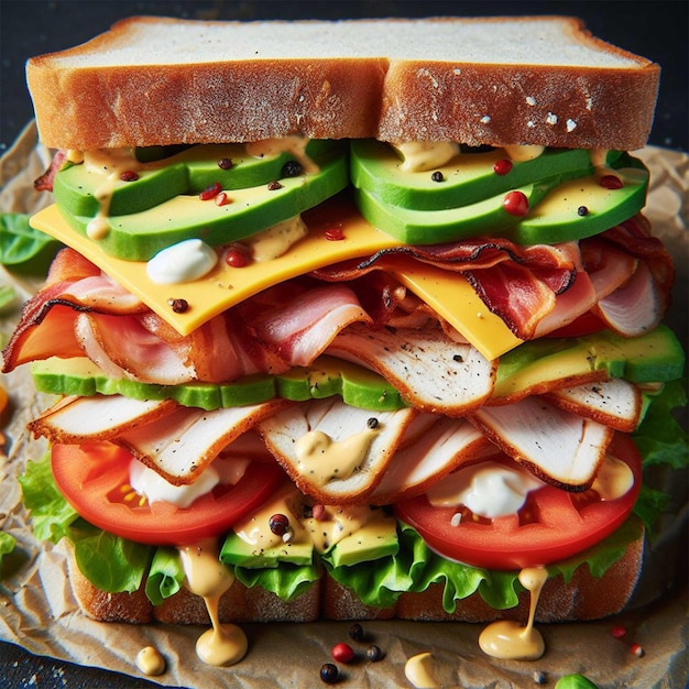 Sandwich with ham cheese lettuce tomato cucumber and mayonnaise