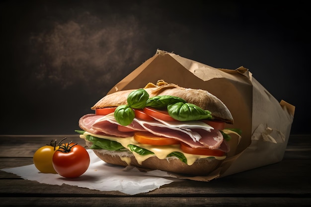 A sandwich with ham and cheese on a paper bag