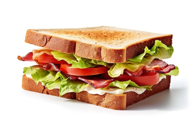 Sandwich with ham cheese tomato and lettuce on white background