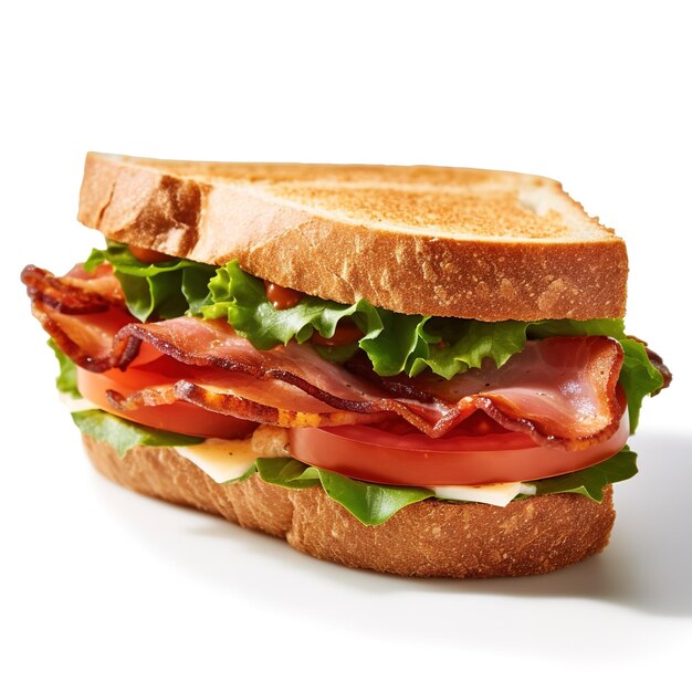 Sandwich with ham cheese tomato and lettuce on white background