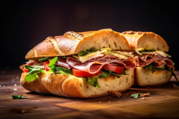 Sandwich with ham cheese tomatoes and lettuce on a wooden board