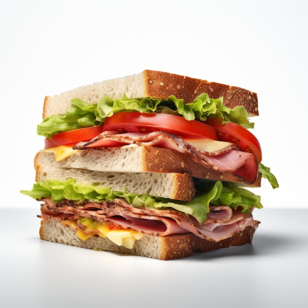 sandwich with ham cheese and vegetables isolated on a white background