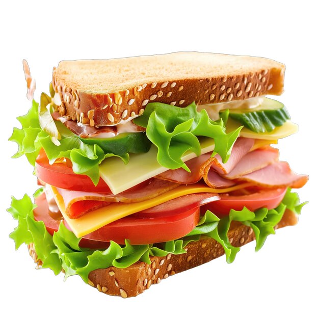 Sandwich with ham cheese and vegetables isolated on a white background