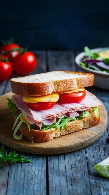 a sandwich with ham and cheese on a wooden board