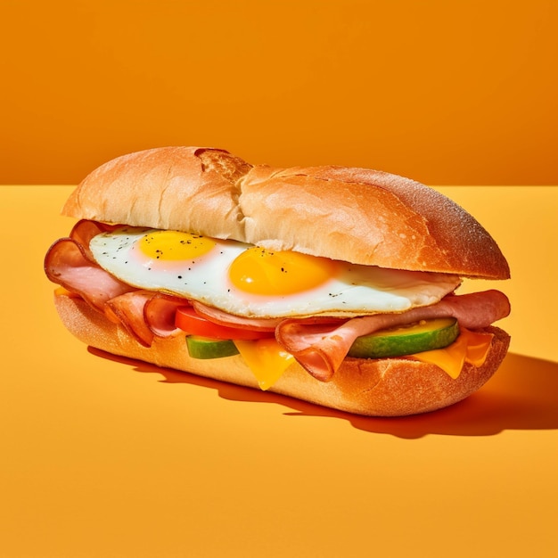 Sandwich with ham egg and cucumber on orange background