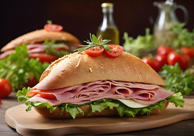 Sandwich with ham and fresh vegetables