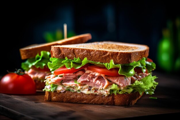 A sandwich with ham and lettuce on it