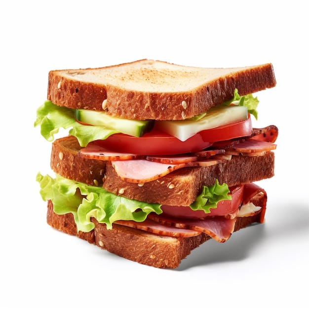 Sandwich with ham lettuce tomato and cucumber isolated on white background