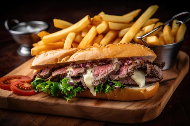 Sandwich with juicy steak and crispy fries on buttered roll