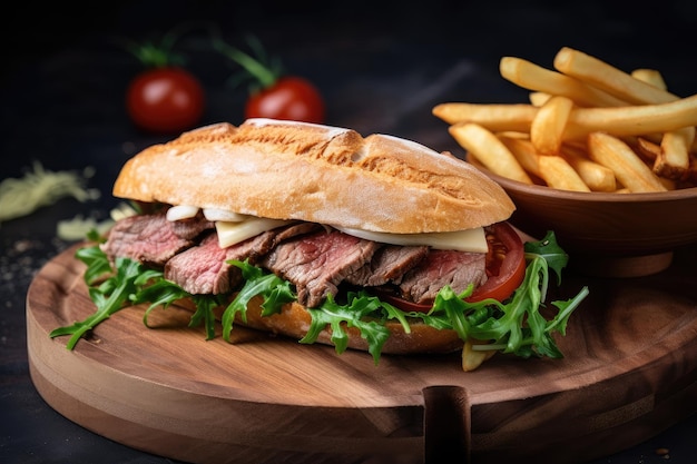 Sandwich with juicy steak and crispy fries on buttered roll